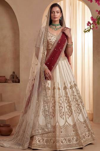 Off White Embroidered Gadhwal Silk Blend Semi Stitched Blouse Suit