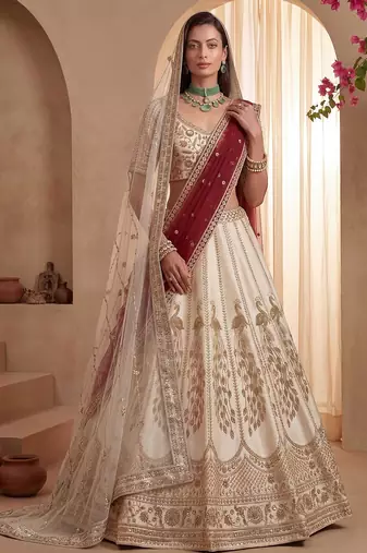 Off White Embroidered Gadhwal Silk Blend Semi Stitched Blouse Suit