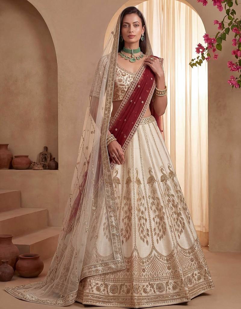 Off White Embroidered Gadhwal Silk Blend Semi Stitched Blouse Suit
