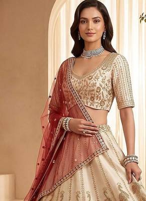 Off White Embroidered Gadhwal Silk Blend Semi Stitched Blouse Suit 2
