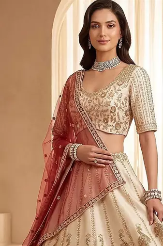 Off White Embroidered Gadhwal Silk Blend Semi Stitched Blouse Suit