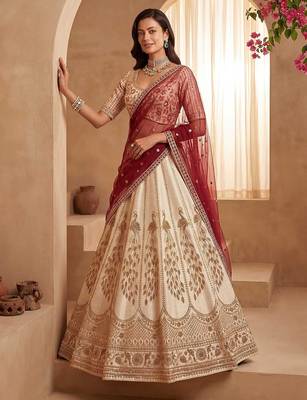 Off White Embroidered Gadhwal Silk Blend Semi Stitched Blouse Suit 3