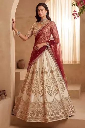 Off White Embroidered Gadhwal Silk Blend Semi Stitched Blouse Suit