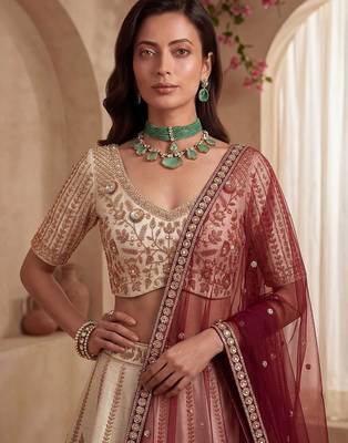 Off White Embroidered Gadhwal Silk Blend Semi Stitched Blouse Suit 4