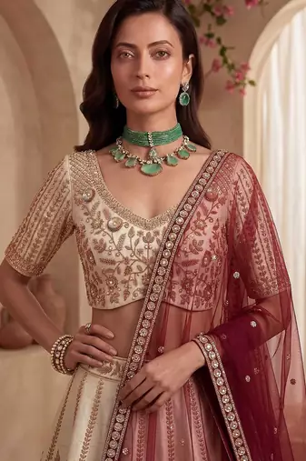 Off White Embroidered Gadhwal Silk Blend Semi Stitched Blouse Suit