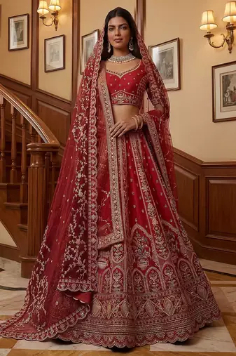 Red Embroidered Gadhwal Silk Blend Semi Stitched Blouse Suit