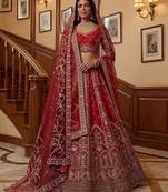 Red Embroidered Gadhwal Silk Blend Semi Stitched Blouse Suit