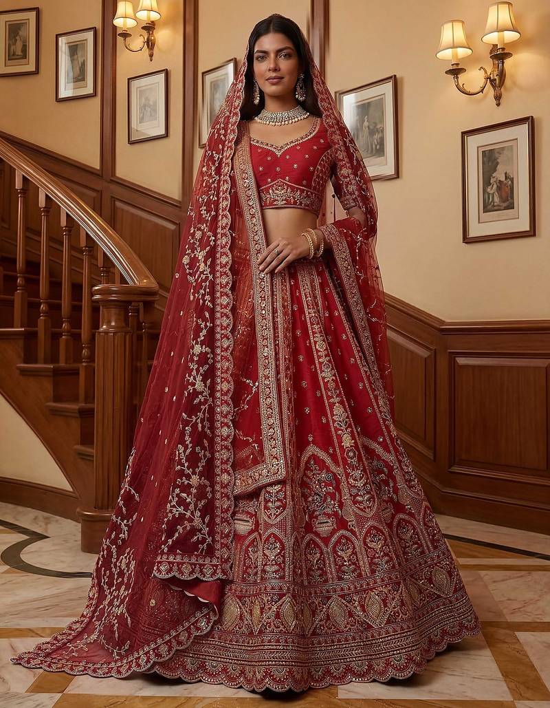 Red Embroidered Gadhwal Silk Blend Semi Stitched Blouse Suit