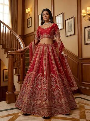 Red Embroidered Gadhwal Silk Blend Semi Stitched Blouse Suit 2
