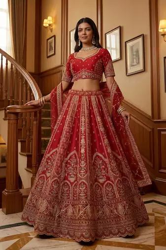 Red Embroidered Gadhwal Silk Blend Semi Stitched Blouse Suit