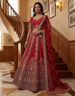 Red Embroidered Gadhwal Silk Blend Semi Stitched Blouse Suit 3