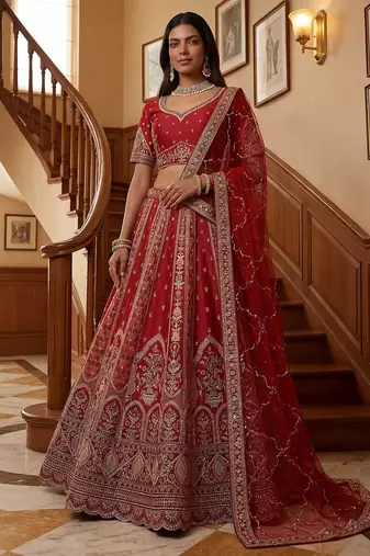 Red Embroidered Gadhwal Silk Blend Semi Stitched Blouse Suit