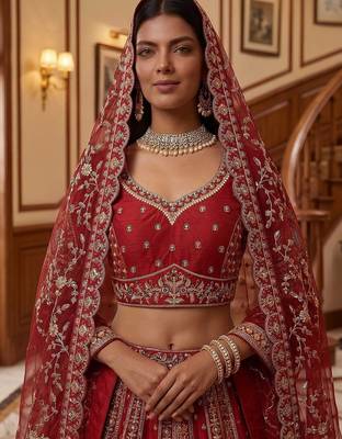 Red Embroidered Gadhwal Silk Blend Semi Stitched Blouse Suit 4
