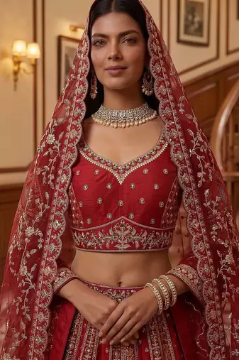 Red Embroidered Gadhwal Silk Blend Semi Stitched Blouse Suit