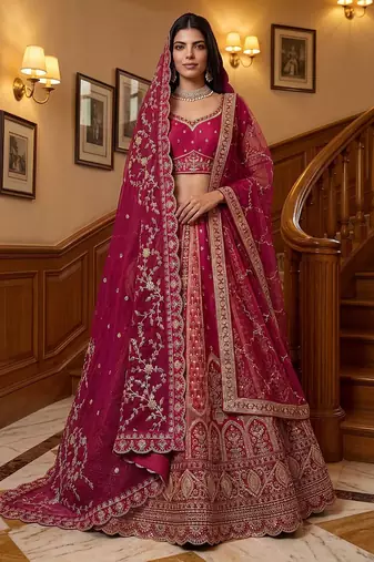 Pink Embroidered Gadhwal Silk Blend Semi Stitched Blouse Suit