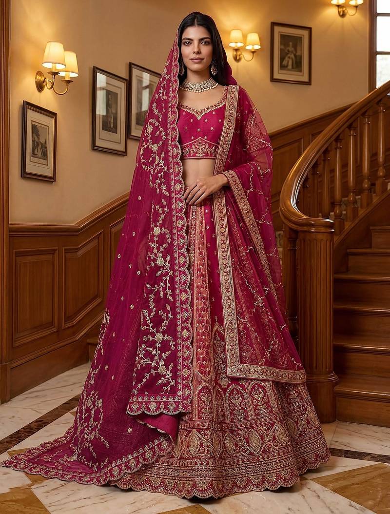 Pink Embroidered Gadhwal Silk Blend Semi Stitched Blouse Suit