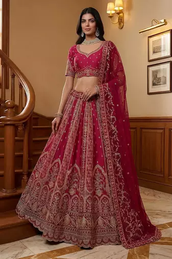 Pink Embroidered Gadhwal Silk Blend Semi Stitched Blouse Suit