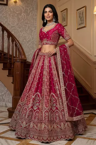 Pink Embroidered Gadhwal Silk Blend Semi Stitched Blouse Suit