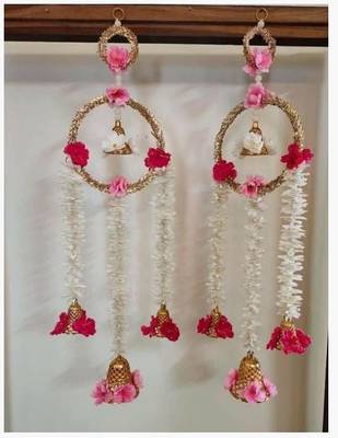 floral paper gajra hanging with golden ring and floral bells for home door decoration pack of 2 1