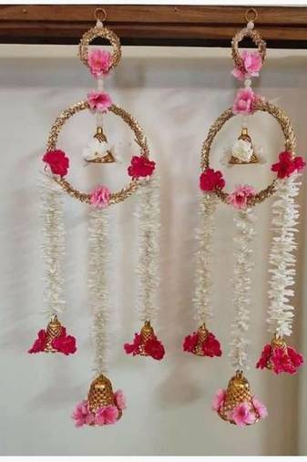 floral paper gajra hanging with golden ring and floral bells for home door decoration pack of 2