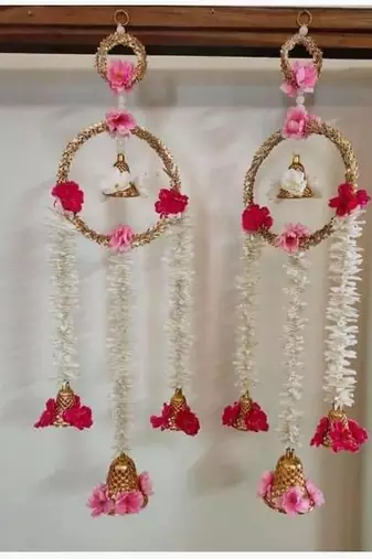 floral paper gajra hanging with golden ring and floral bells for home door decoration pack of 2
