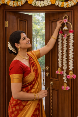 floral paper gajra hanging with golden ring and floral bells for home door decoration pack of 2 2