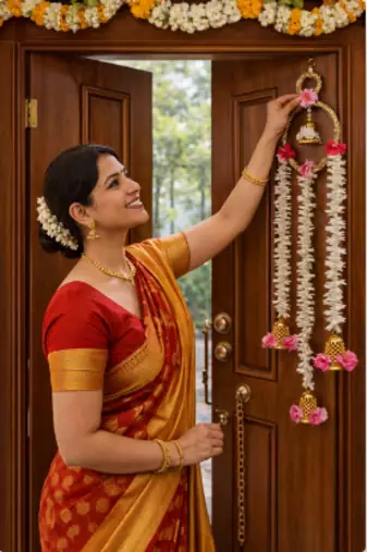 floral paper gajra hanging with golden ring and floral bells for home door decoration pack of 2
