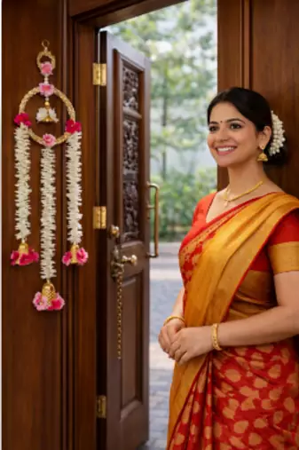 floral paper gajra hanging with golden ring and floral bells for home door decoration pack of 2