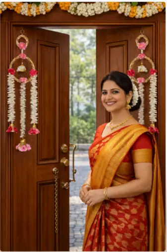 floral paper gajra hanging with golden ring and floral bells for home door decoration pack of 2