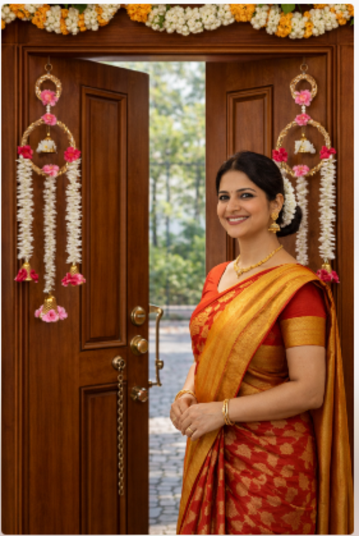 floral paper gajra hanging with golden ring and floral bells for home door decoration pack of 2