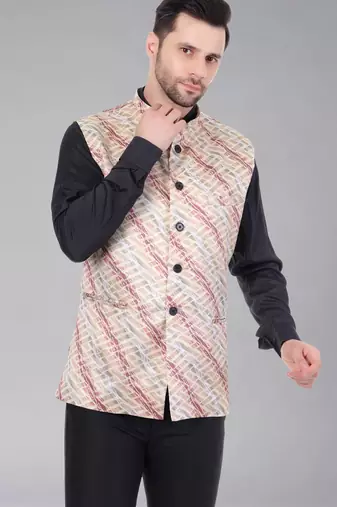  men's lahriya print ethnic nehru jacket - maroon
