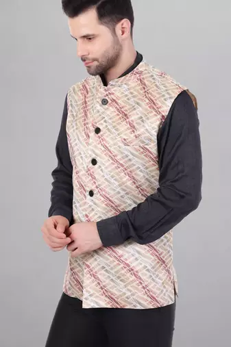  men's lahriya print ethnic nehru jacket - maroon