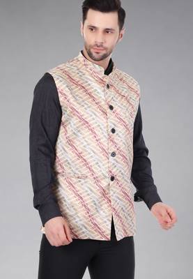  men's lahriya print ethnic nehru jacket - maroon 3