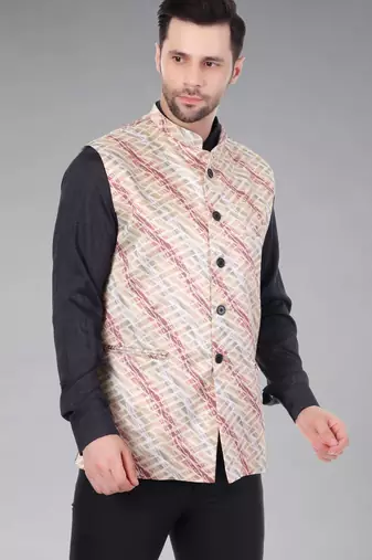  men's lahriya print ethnic nehru jacket - maroon