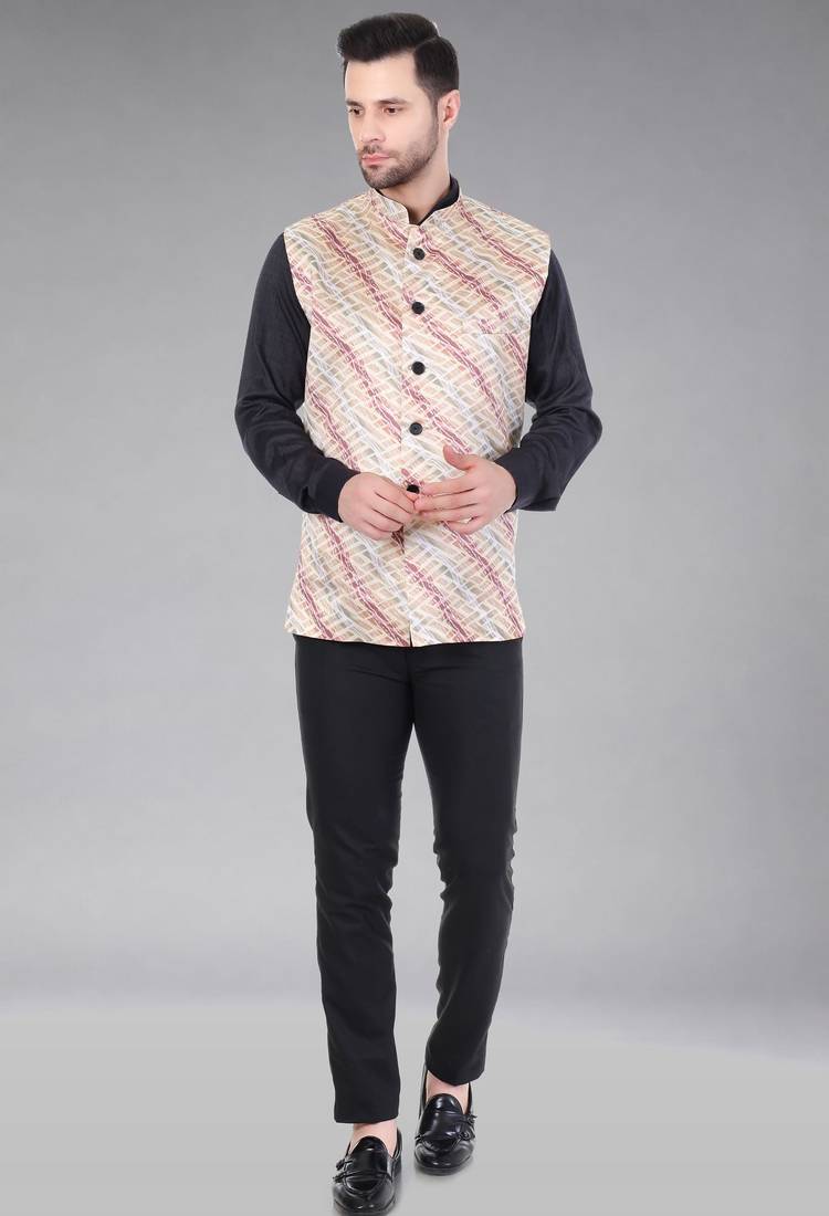  men's lahriya print ethnic nehru jacket - maroon
