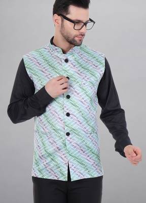 Veera paridhaan men's lahriya print ethnic nehru jacket - green (size 36) 1