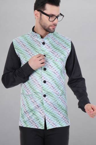 Veera paridhaan men's lahriya print ethnic nehru jacket - green (size 36)