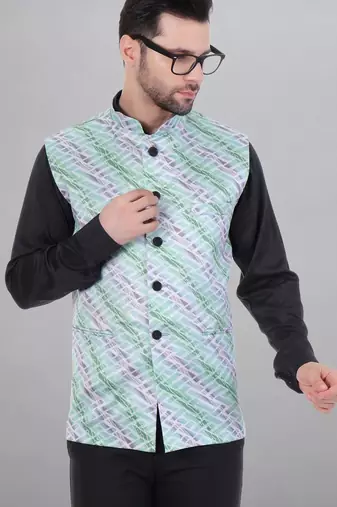 Veera paridhaan men's lahriya print ethnic nehru jacket - green (size 36)