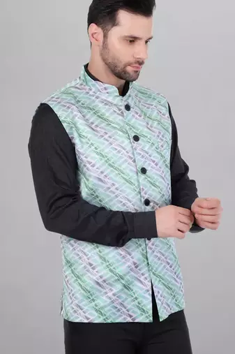 Veera paridhaan men's lahriya print ethnic nehru jacket - green (size 36)