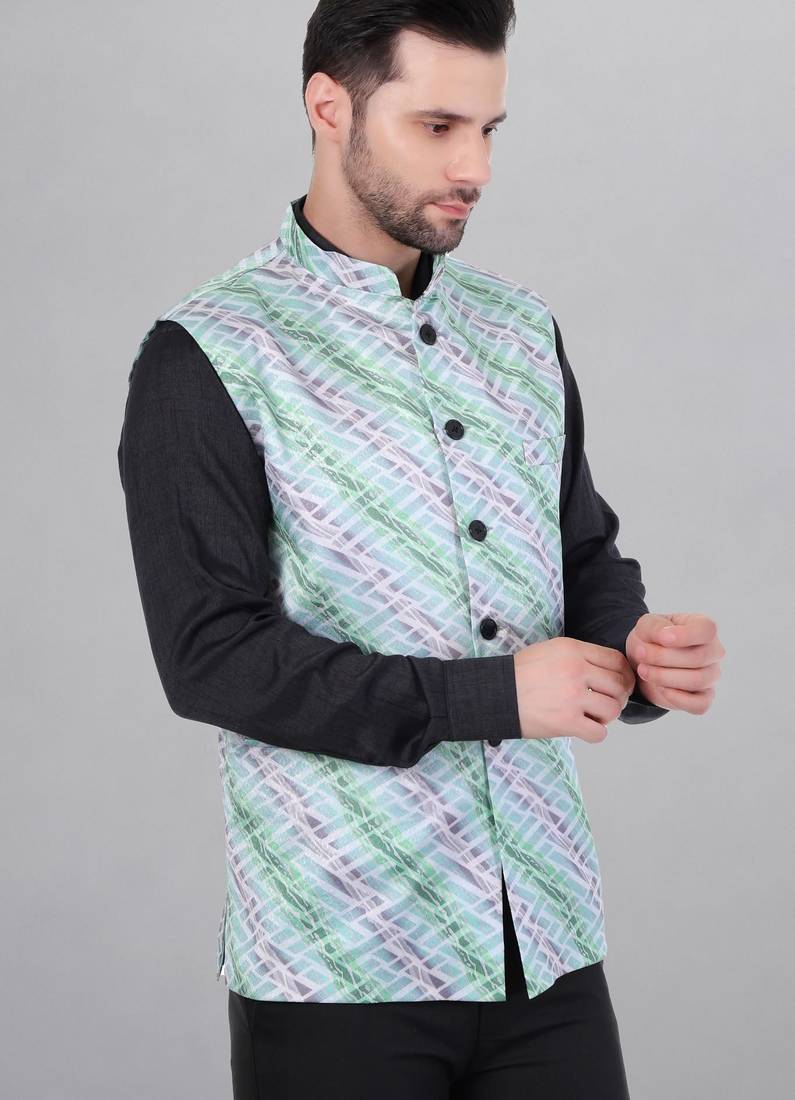 Veera paridhaan men's lahriya print ethnic nehru jacket - green (size 36)