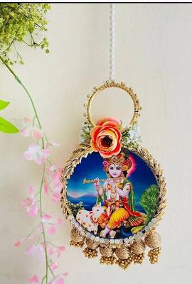lord krishna decorative door hanging with floral bells for home festive decor pack of 2 1
