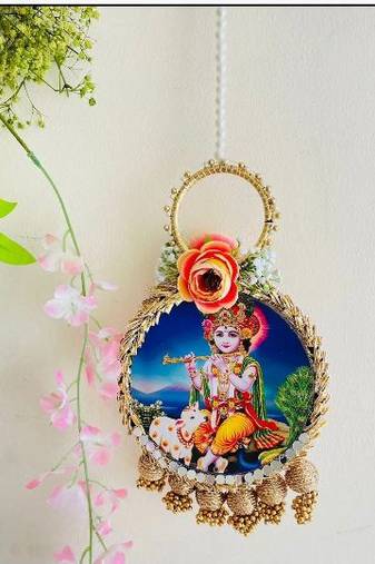 lord krishna decorative door hanging with floral bells for home festive decor pack of 2