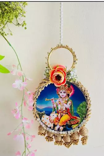 lord krishna decorative door hanging with floral bells for home festive decor pack of 2
