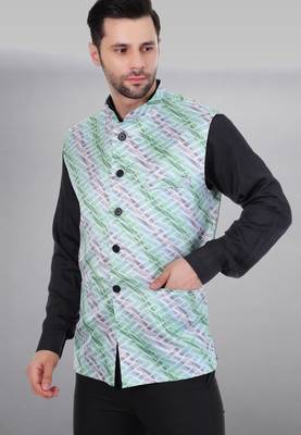 Veera paridhaan men's lahriya print ethnic nehru jacket - green (size 36) 3