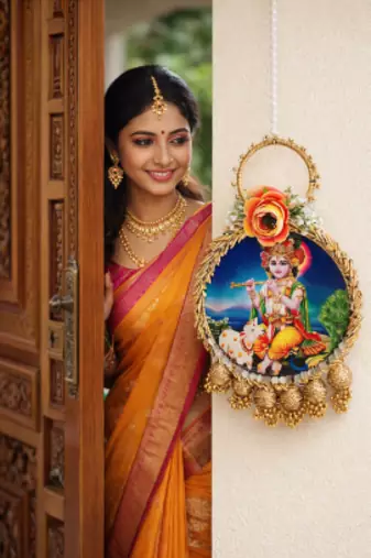lord krishna decorative door hanging with floral bells for home festive decor pack of 2
