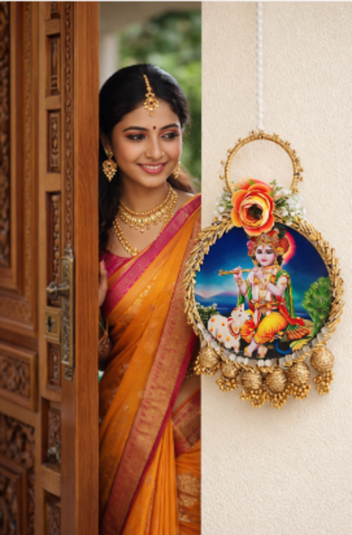 lord krishna decorative door hanging with floral bells for home festive decor pack of 2