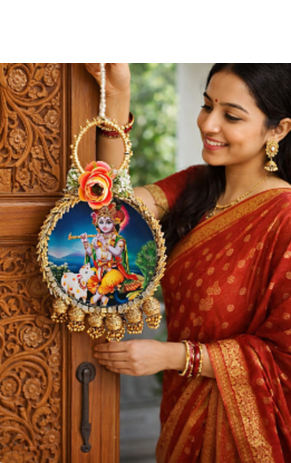 lord krishna decorative door hanging with floral bells for home festive decor pack of 2 3