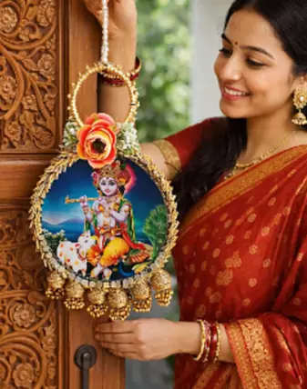 lord krishna decorative door hanging with floral bells for home festive decor pack of 2
