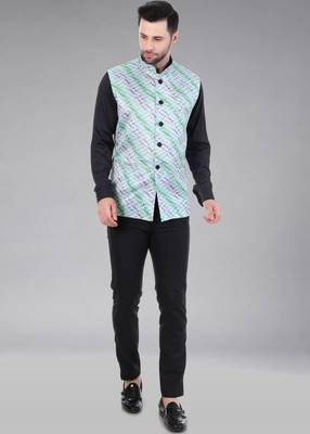 Veera paridhaan men's lahriya print ethnic nehru jacket - green (size 36) 4