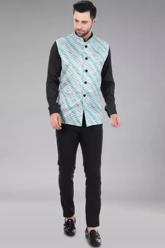 Veera paridhaan men's lahriya print ethnic nehru jacket - green (size 36)